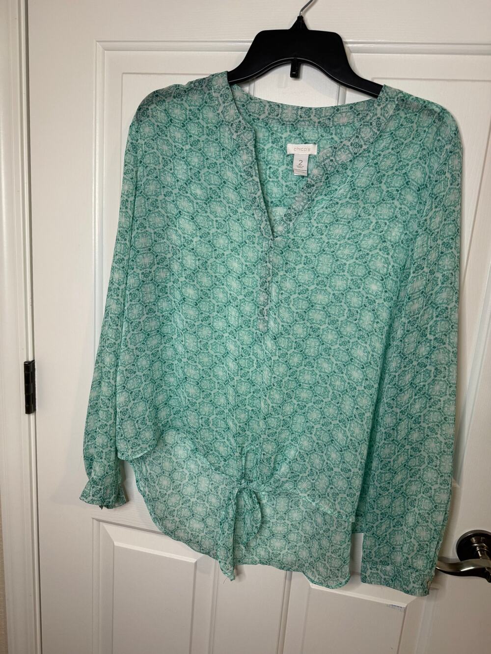 Chico's Long Sleeve Tie Front Semi Sheer Blouse Green Geometric Blouse 2 (L12)